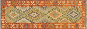 Flat Weave Kilim, Antique, Navaho, Vintage, Handmade, Geometric Kilim Blue Rust Hand-Woven Runner 100% Wool Area Rug 2 x 6
